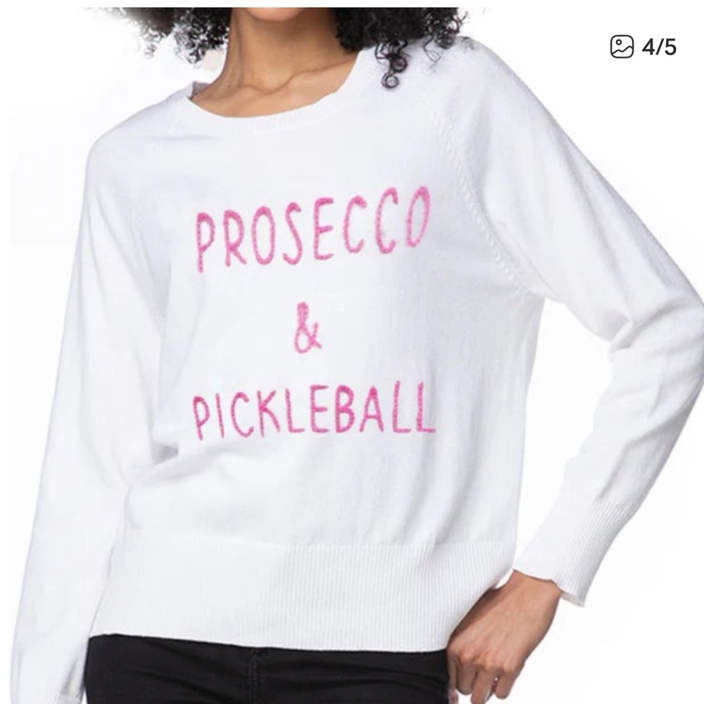 Golden Sun PROSECO PICKLEBALL Soft White Cotton Sweater with Pink Writing. XS/S